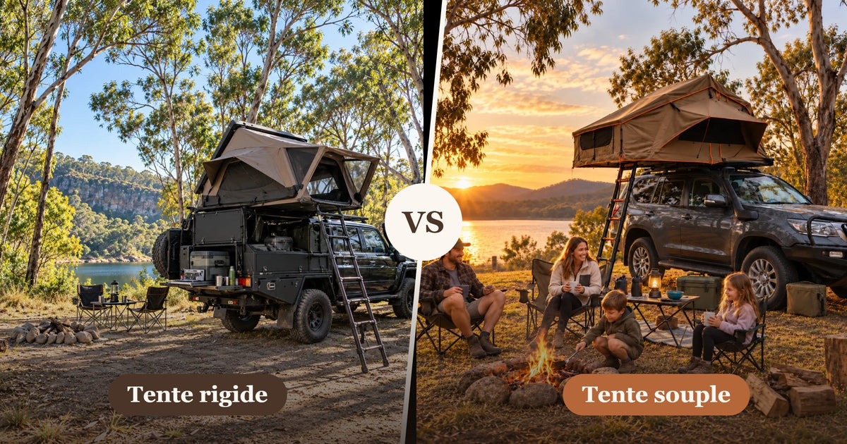 Tente de toit rigide sur un pick-up face à une tente de toit souple en bivouac familial