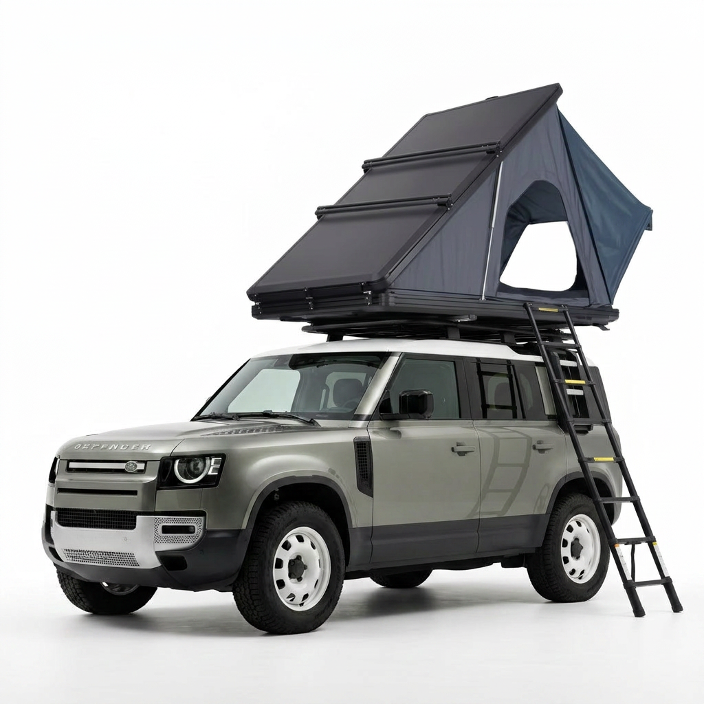 Tente de toit rigide Tentwave Évasion ouverte sur un 4x4 avec échelle, fond blanc