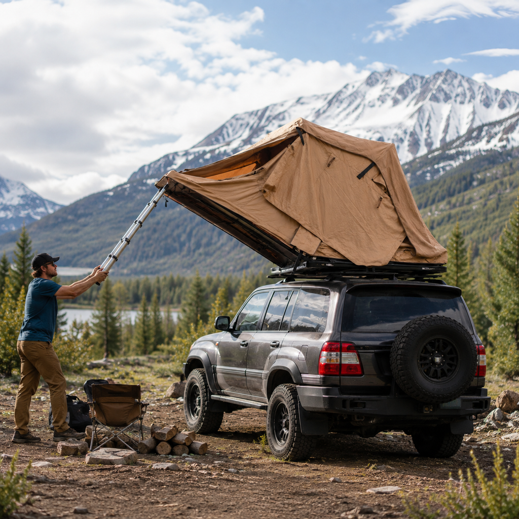 Tente de toit Tentwave Atlas XL dépliée sur un SUV en montagne