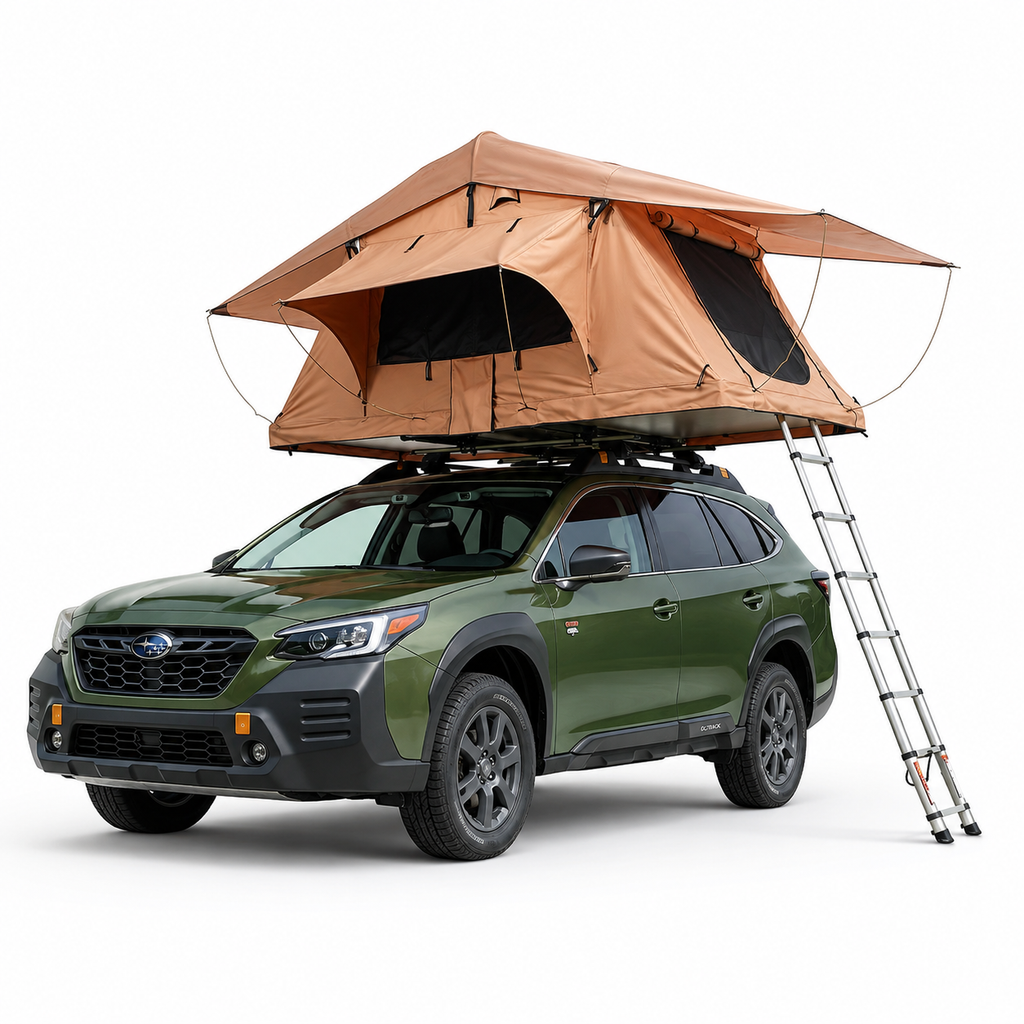 Tente de toit souple Tentwave Atlas L ouverte sur un SUV vert, fond blanc