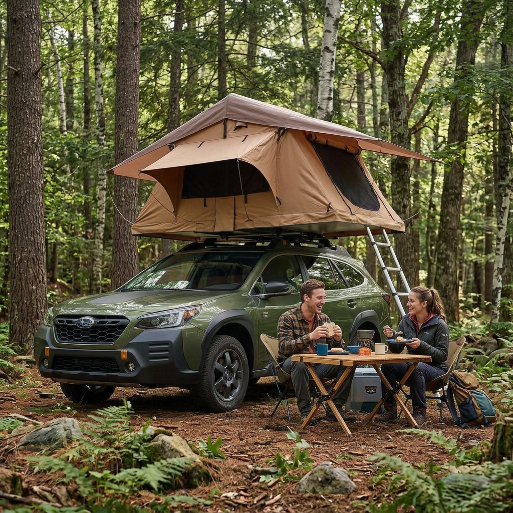 Camping en famille en forêt avec la tente de toit Tentwave Atlas L ouverte sur un SUV