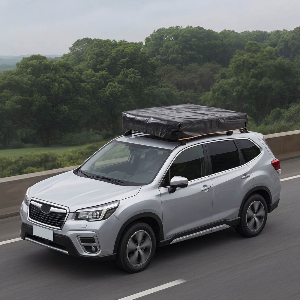 Tente de toit Tentwave Atlas L fermée dans sa housse sur un SUV en route