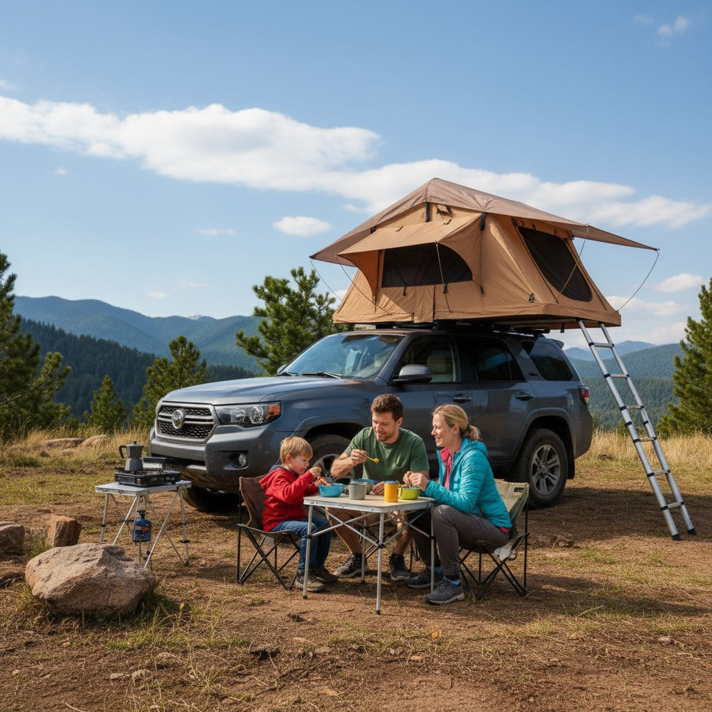 Famille au bivouac sous la tente de toit Tentwave Atlas XL ouverte sur un SUV