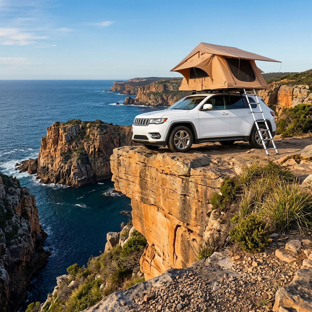 Tente de toit Tentwave Atlas XL sur un SUV blanc au bord d'une falaise