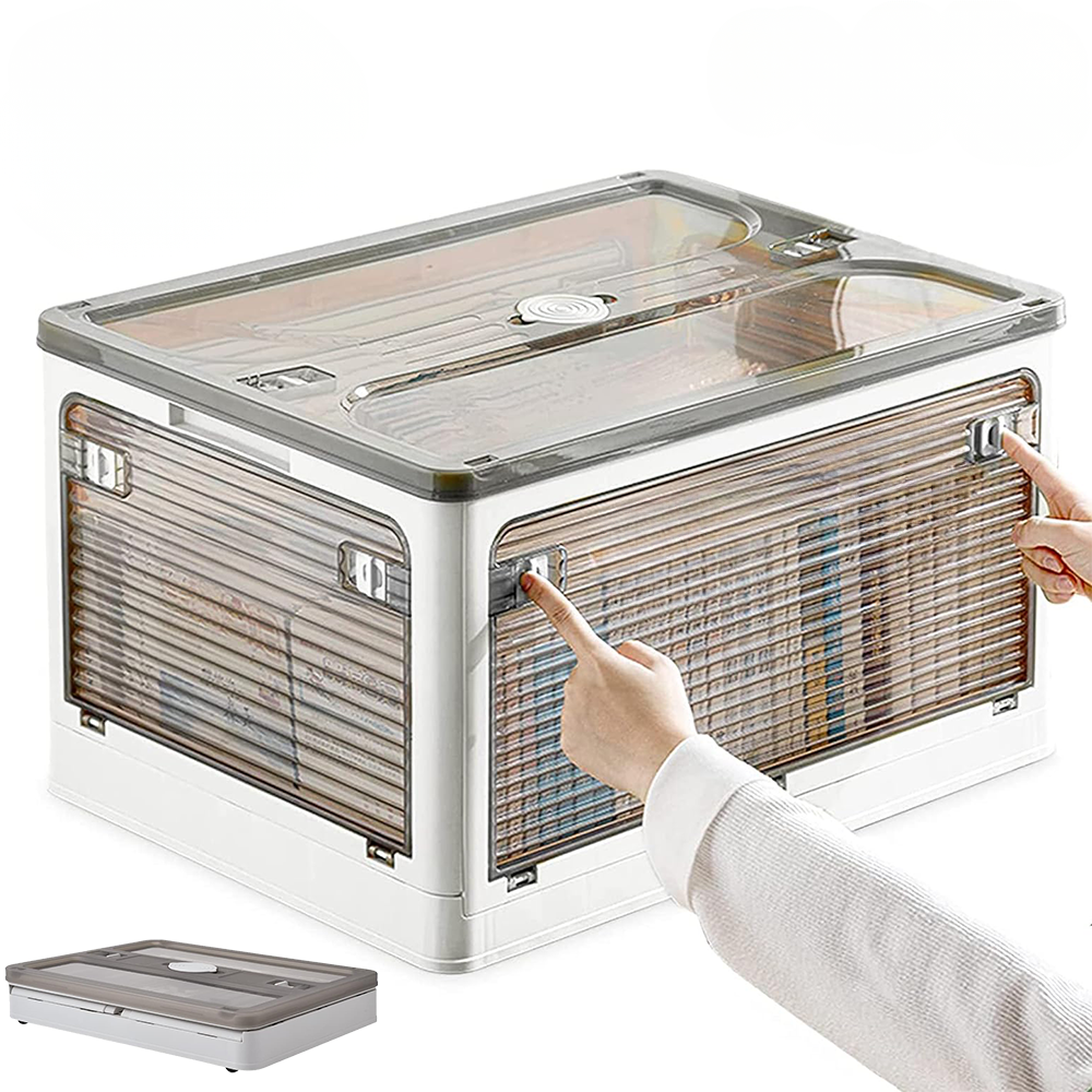 Boîte de rangement pliable Tentwave 53 L semi-transparente, porte latérale ouverte