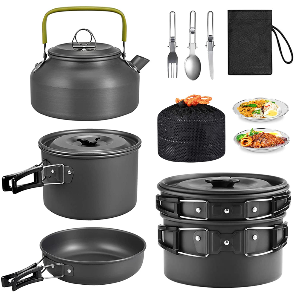 Ensemble de cuisine de camping Tentwave 9 pièces en aluminium, fond blanc