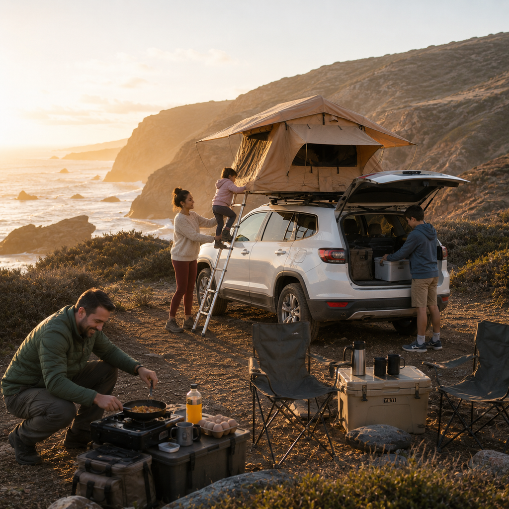Tente de toit Tentwave Atlas XL montée sur un SUV face à la mer au coucher de soleil