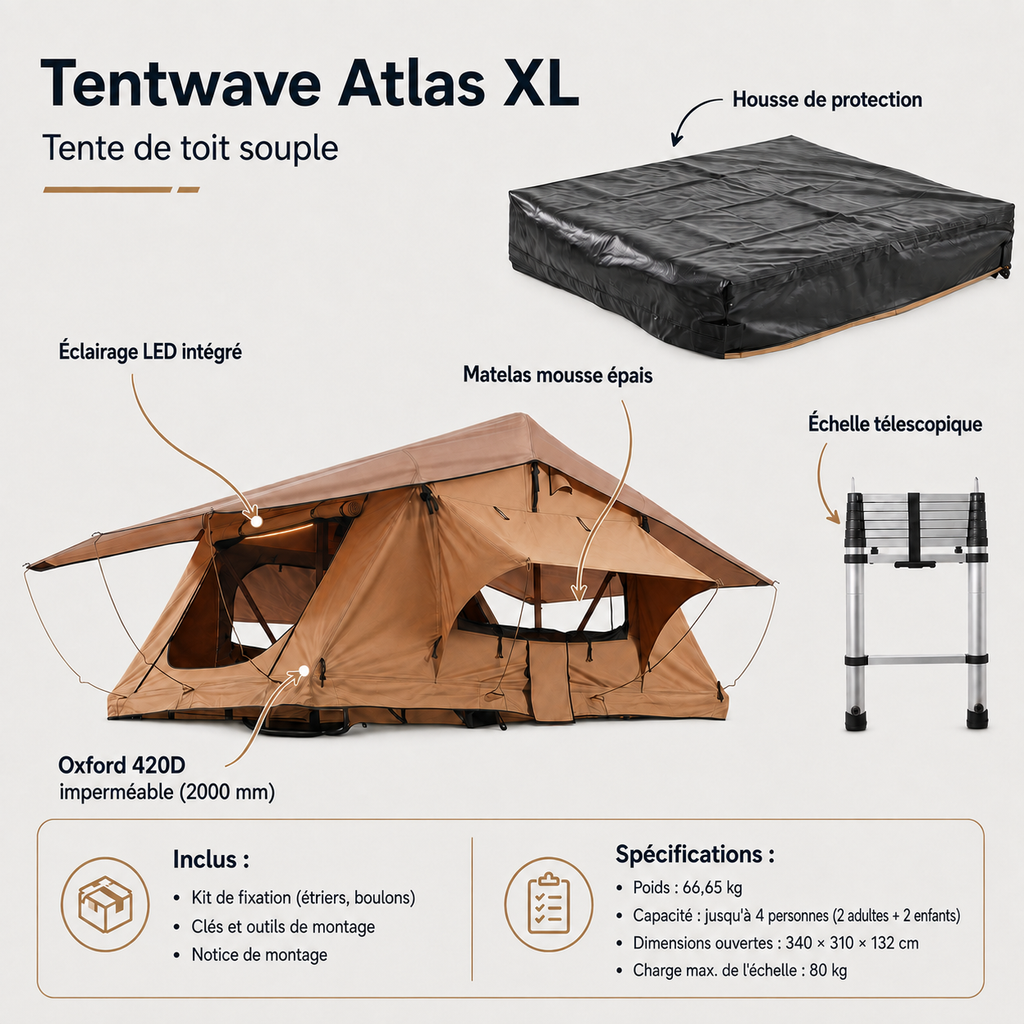 Fiche technique de la tente de toit Tentwave Atlas XL : dimensions et caractéristiques