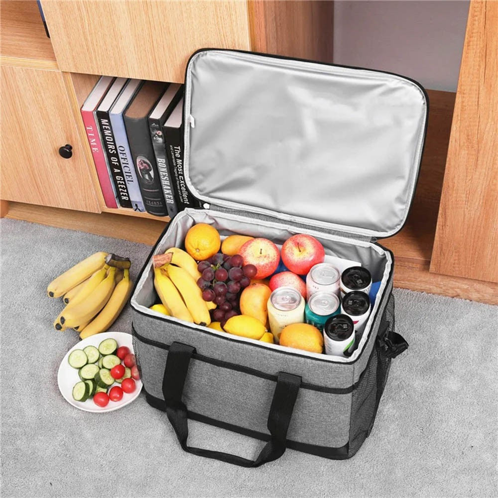 Sac isotherme pliable Tentwave ouvert, rempli de fruits et de boissons