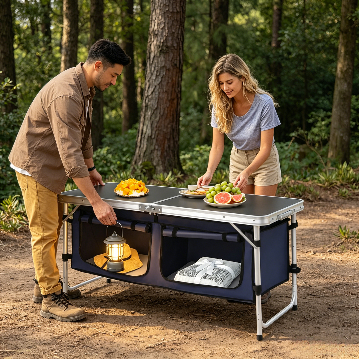Couple cuisinant sur la table de camping pliable Tentwave en forêt