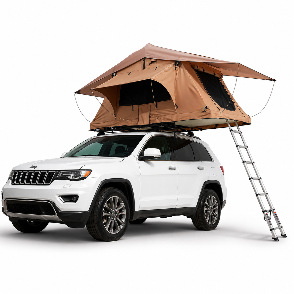 Tente de toit souple Tentwave Atlas XL ouverte sur un SUV blanc, fond blanc