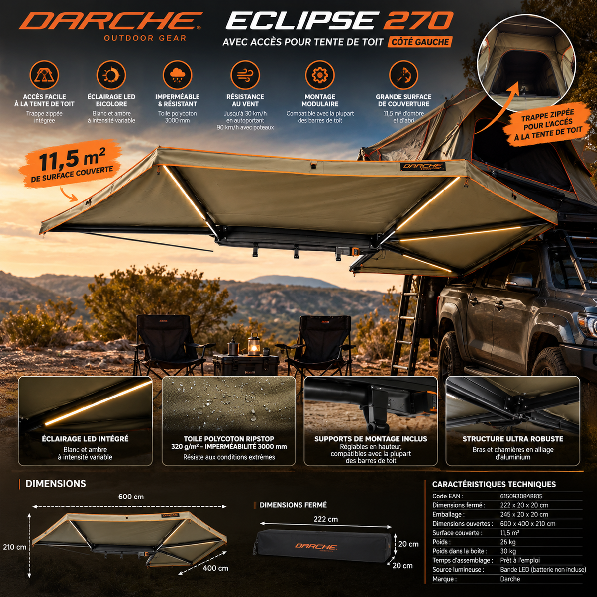 Auvent Darche Eclipse 270 avec accès tente de toit, côté gauche – vue 2