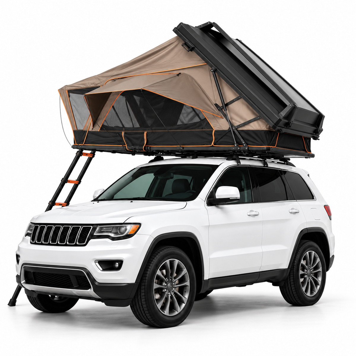 Tente de toit rigide Tentwave Titan ouverte sur un SUV blanc, fond blanc