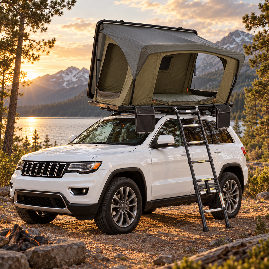 Tente de toit Tentwave Aero montée sur un SUV devant un lac de montagne au coucher de soleil