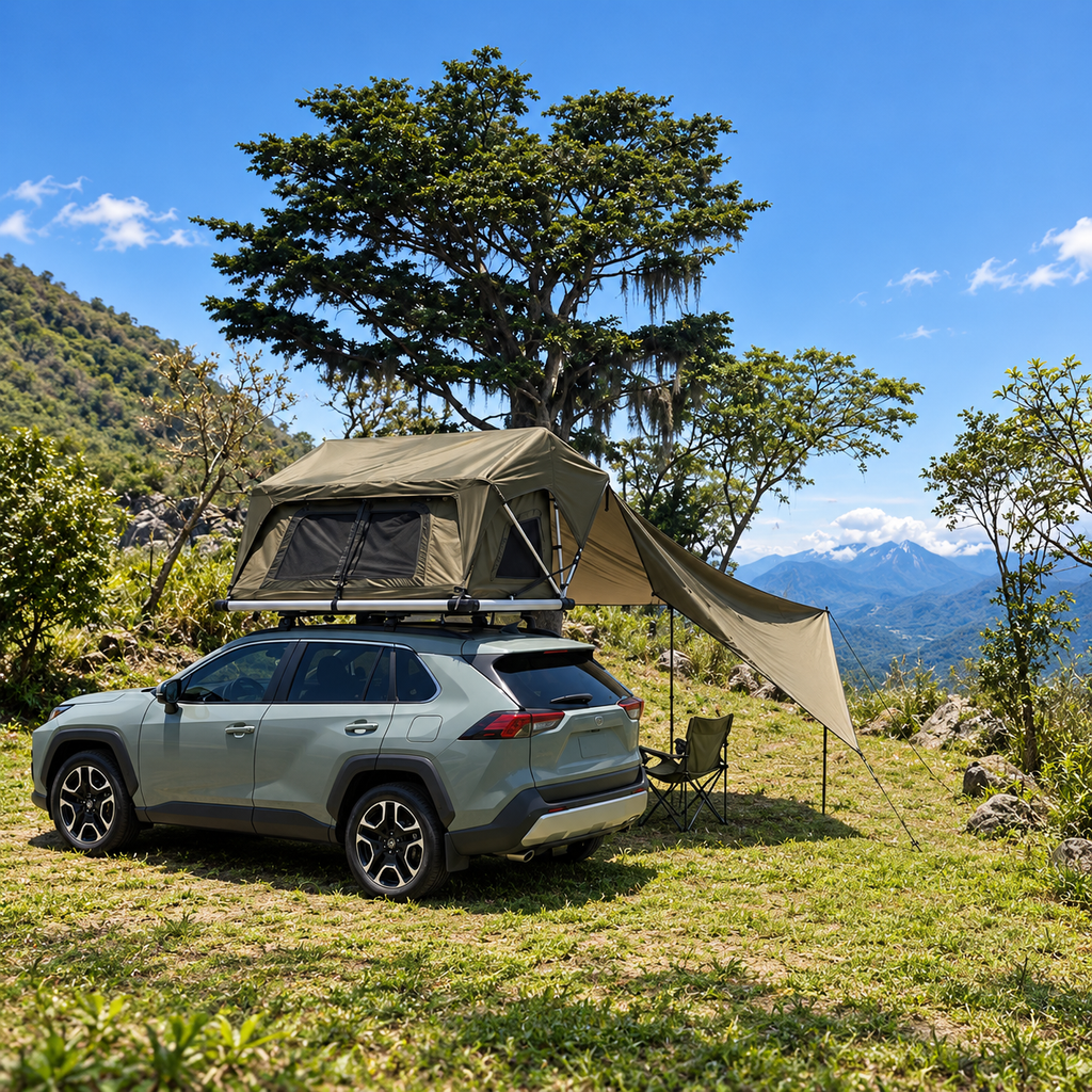 Tente de toit Tentwave Zephyr vert kaki avec auvent sur un SUV en montagne