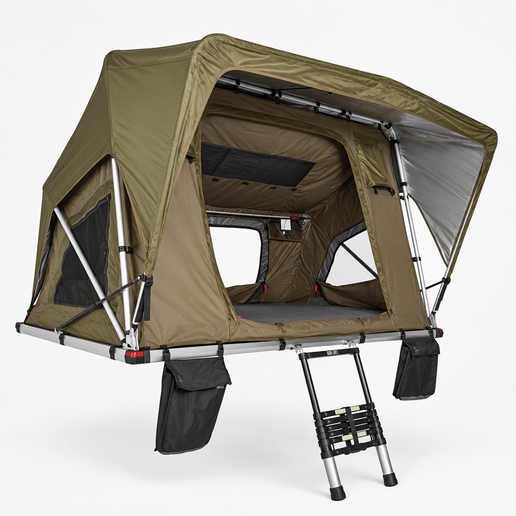 Tente de toit souple Tentwave Zephyr vert kaki ouverte avec échelle, fond blanc