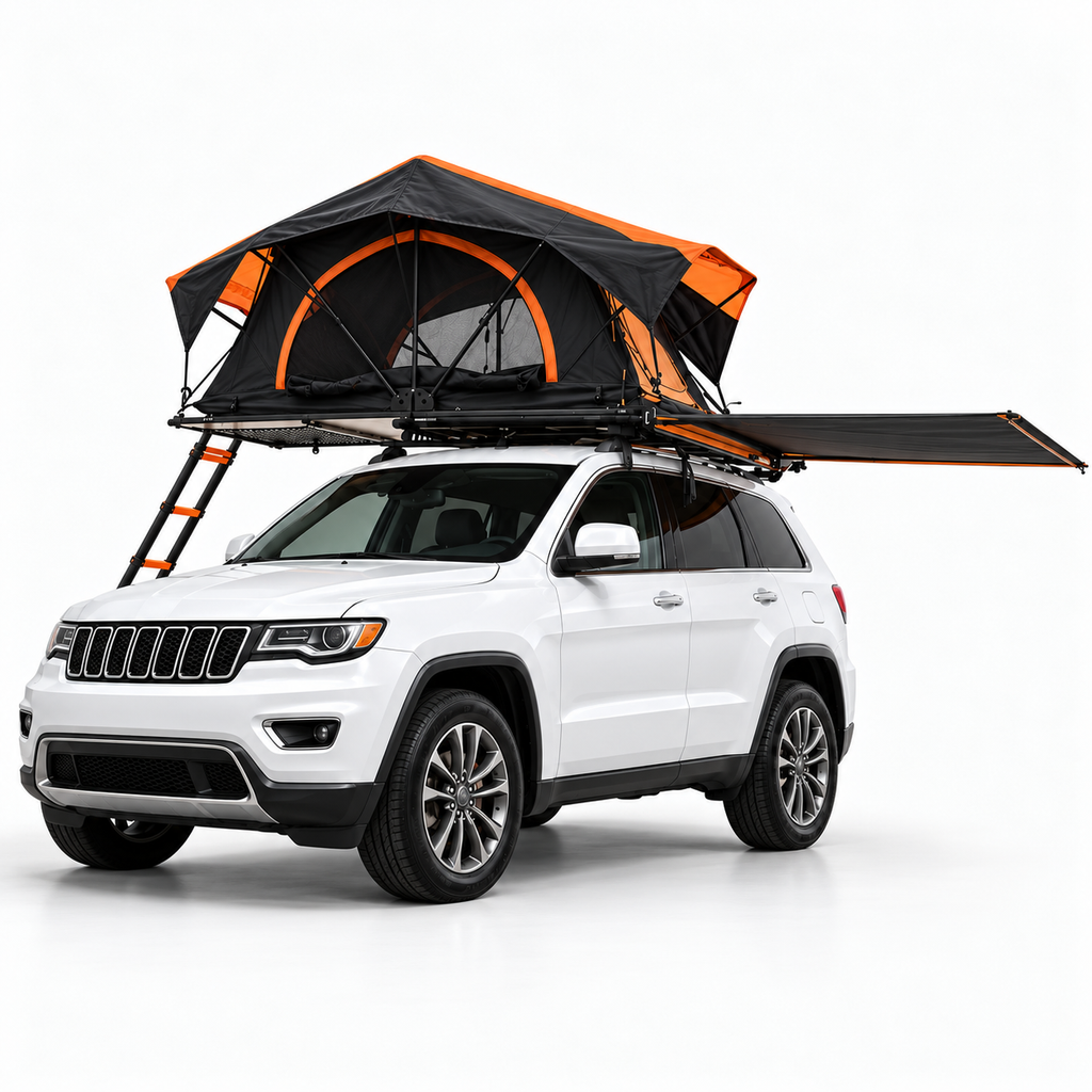 Tente de toit Tentwave Liberté ouverte avec auvent sur un 4x4, fond blanc