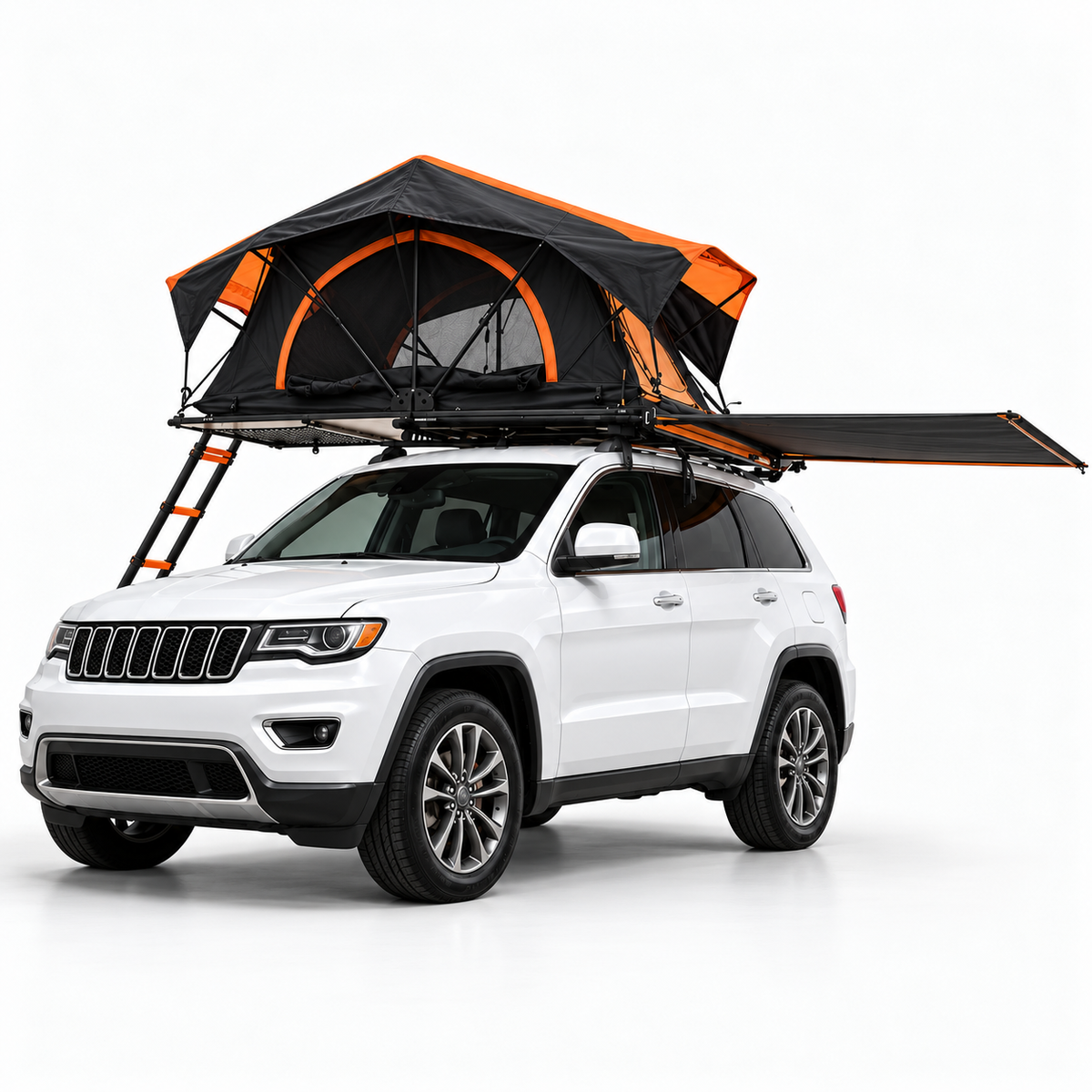 Tente de toit Tentwave Liberté ouverte avec auvent sur un 4x4, fond blanc