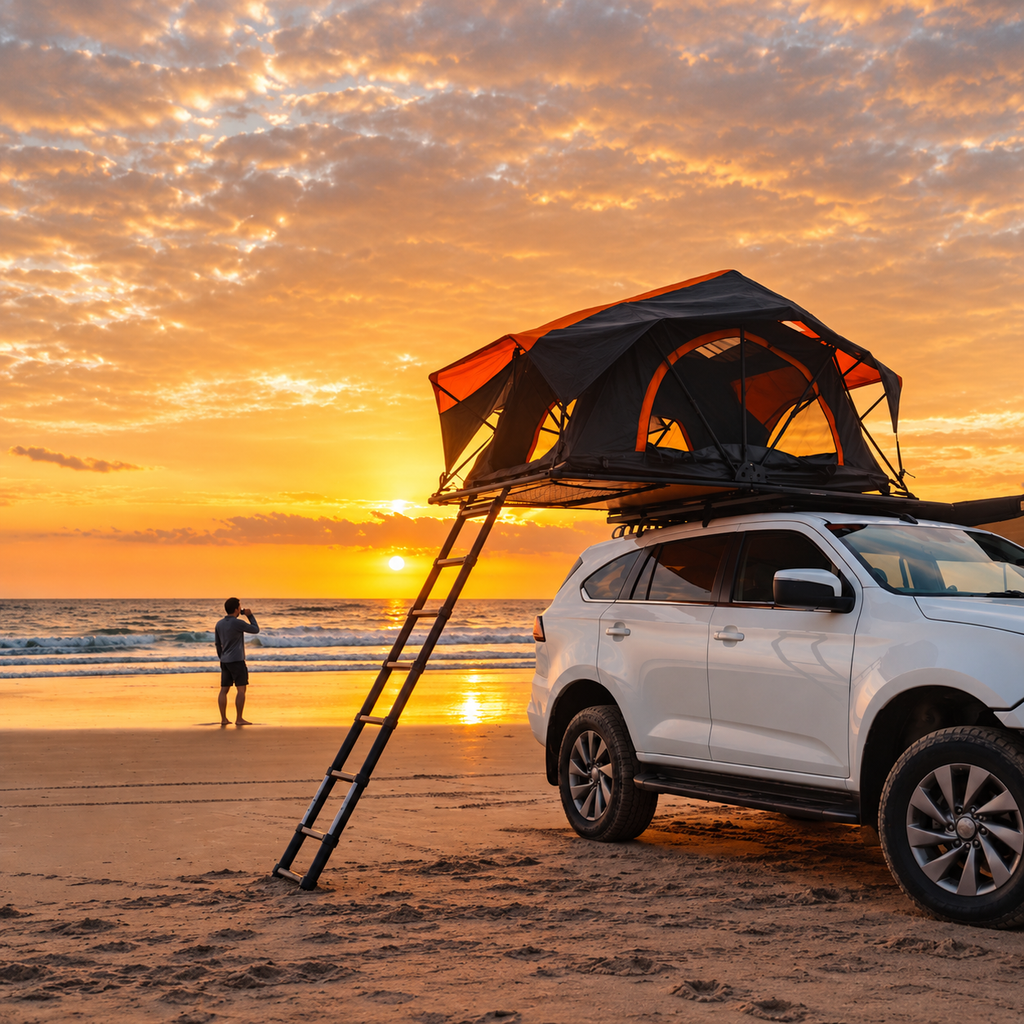 Tente de toit Tentwave Liberté montée sur un SUV au coucher de soleil sur la plage