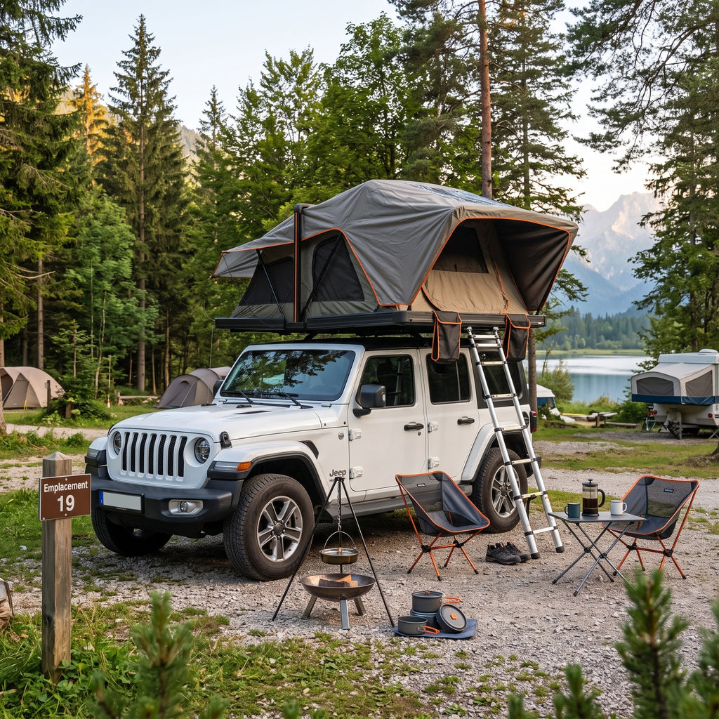 Tente de toit Tentwave Stratos montée sur un 4x4 en camping au bord d'un lac