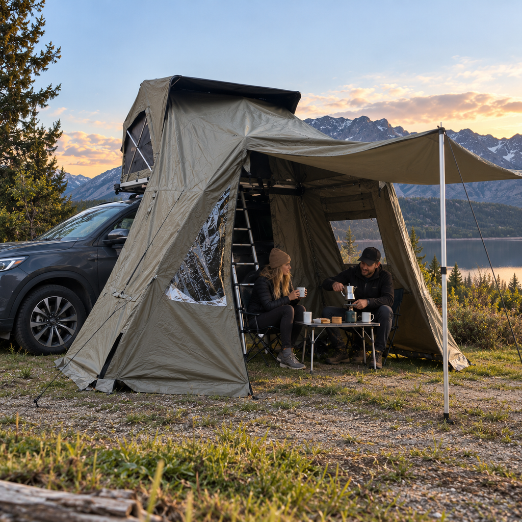 Annexe Sheepie Jimba Jimba installée sous la tente de toit, un couple à table en bivouac en montagne