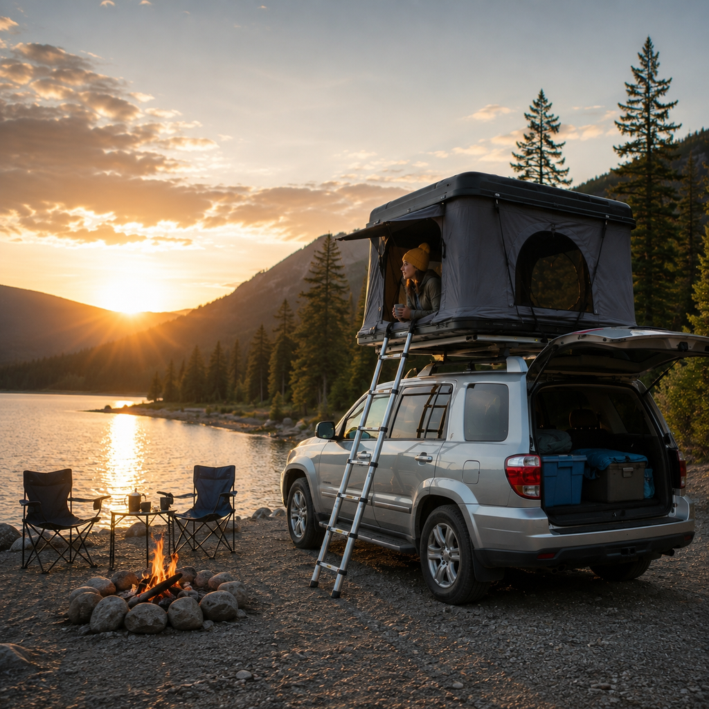Tente de toit rigide Tentwave Horizon ouverte sur un SUV au coucher de soleil près d'un lac