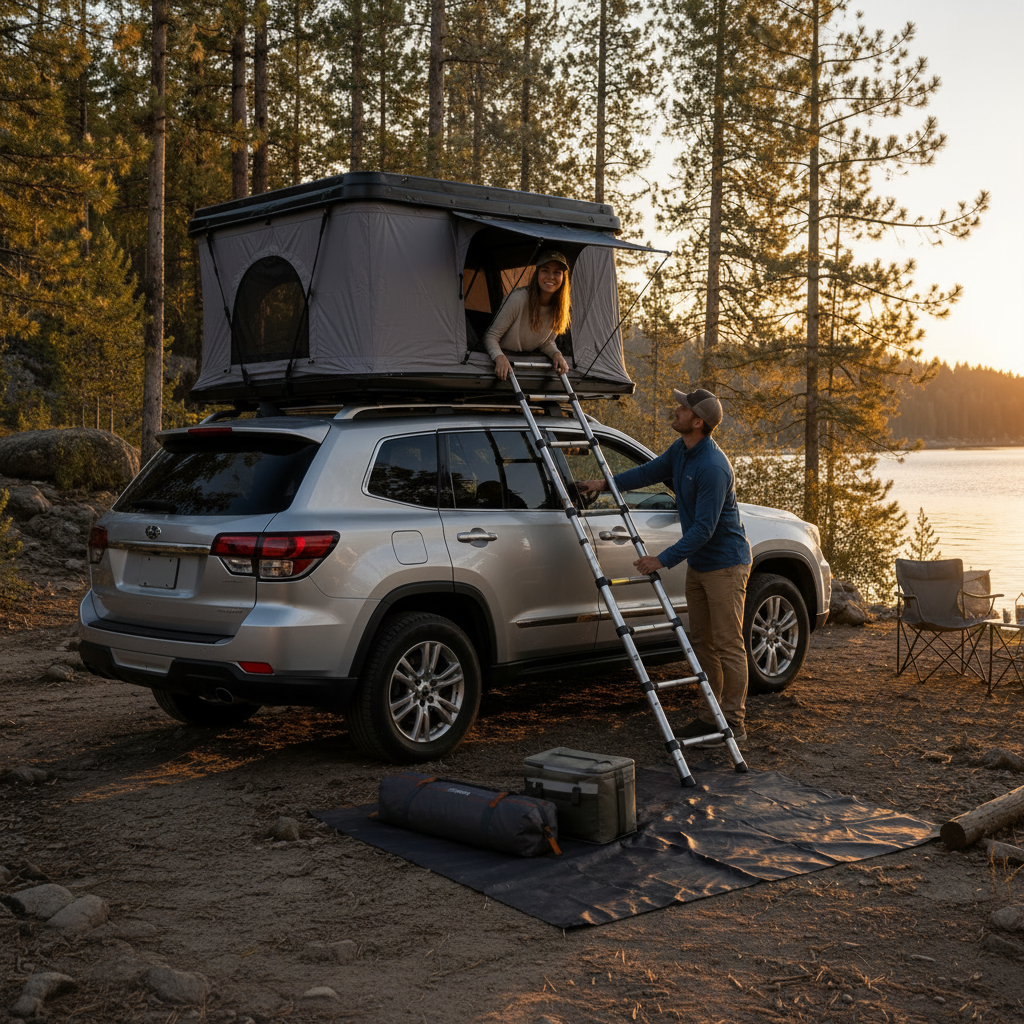 Échelle télescopique Tentwave sur un SUV avec tente de toit au bord d'un lac