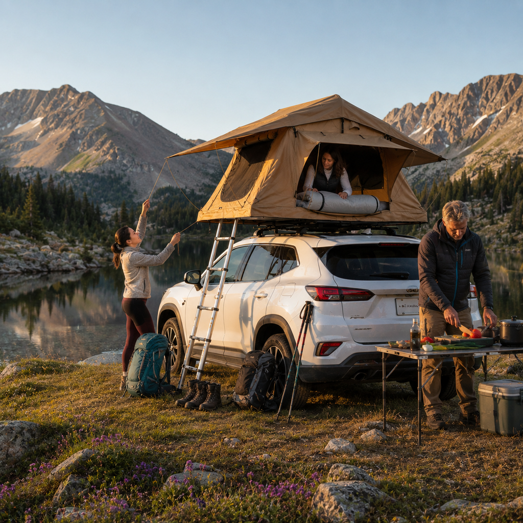 Tente de toit Tentwave Atlas L ouverte sur un SUV en montagne au coucher de soleil