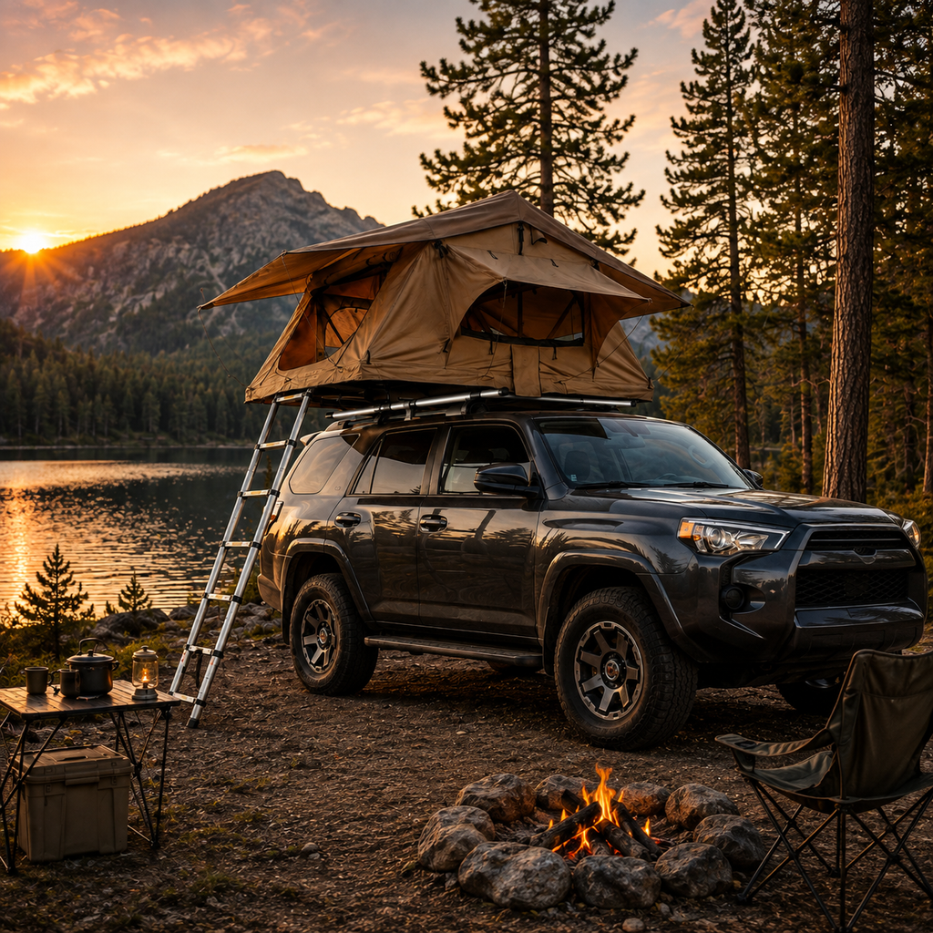 SUV avec tente de toit sur les barres réglables Tentwave au coucher de soleil