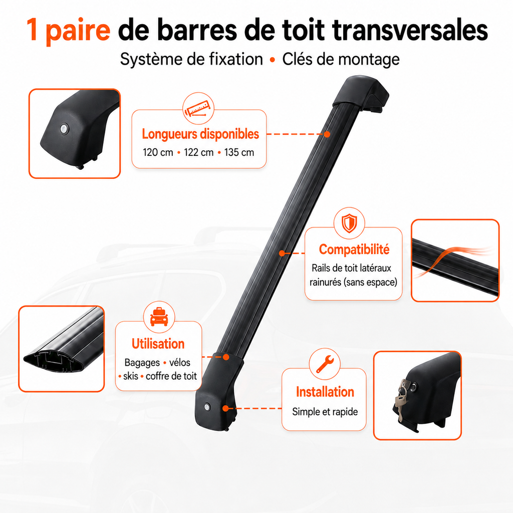 Barres de toit transversales universelles Tentwave : longueurs, fixation et clés de montage