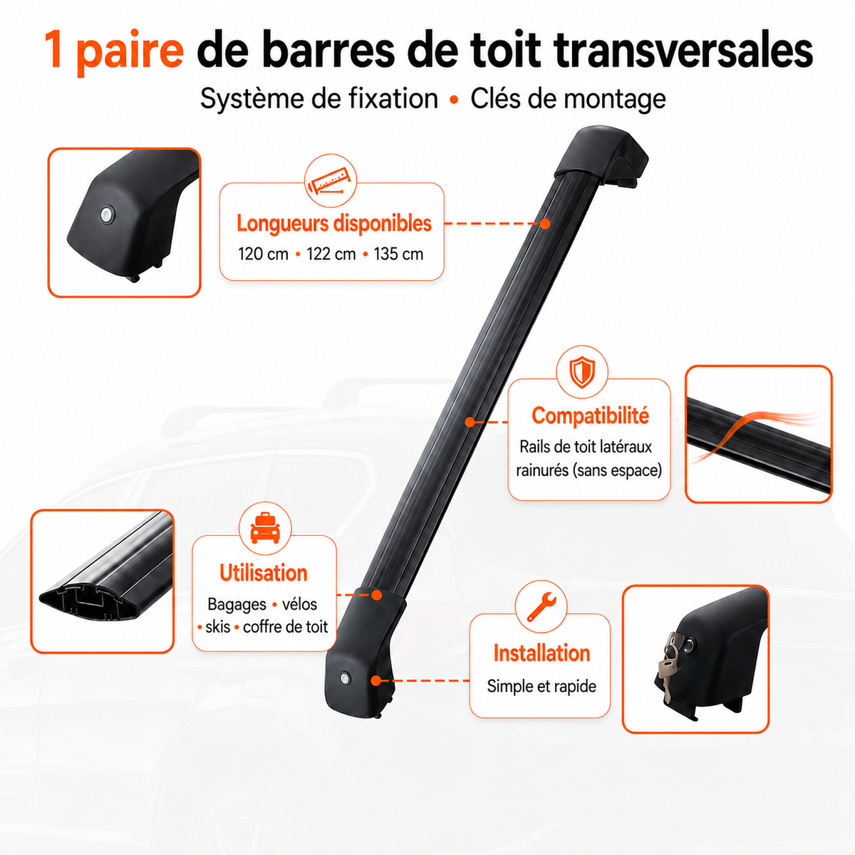 Barres de toit transversales universelles Tentwave : longueurs, fixation et clés de montage