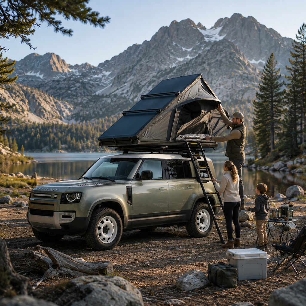 Tente de toit rigide Tentwave Évasion ouverte sur un 4x4 en montagne