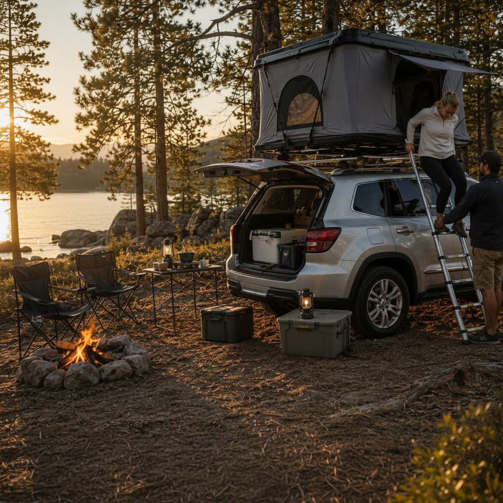 Échelle télescopique Tentwave appuyée contre une tente de toit au bivouac