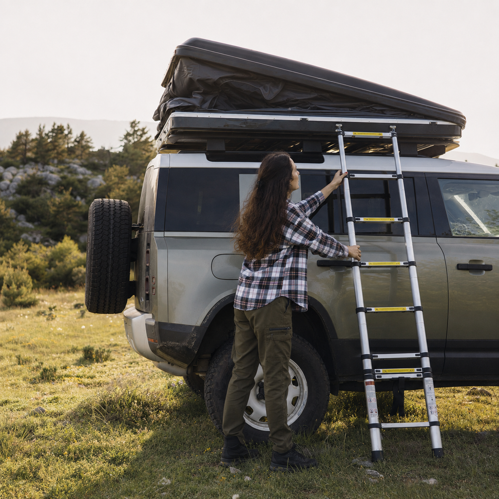 Échelle télescopique Tentwave dépliée contre un 4x4 avec tente de toit