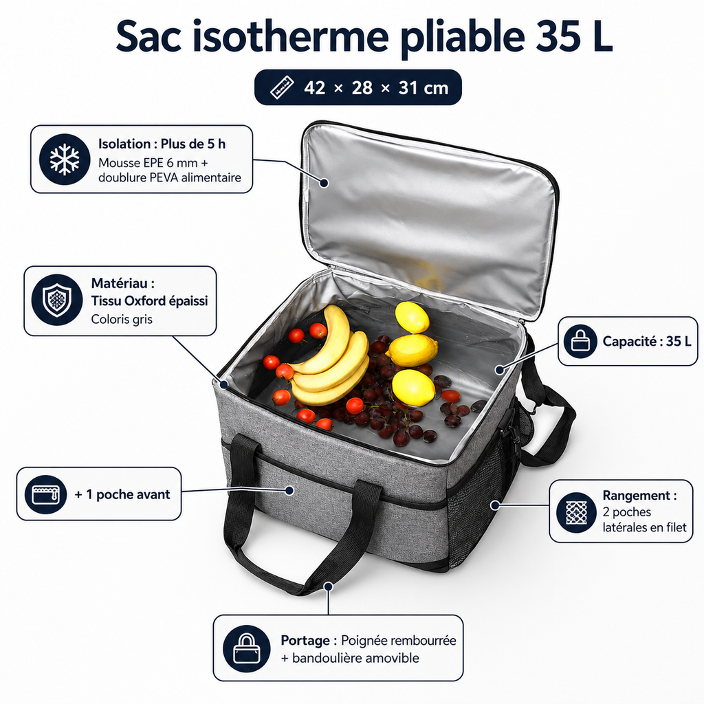 Caractéristiques du sac isotherme pliable Tentwave 35 L