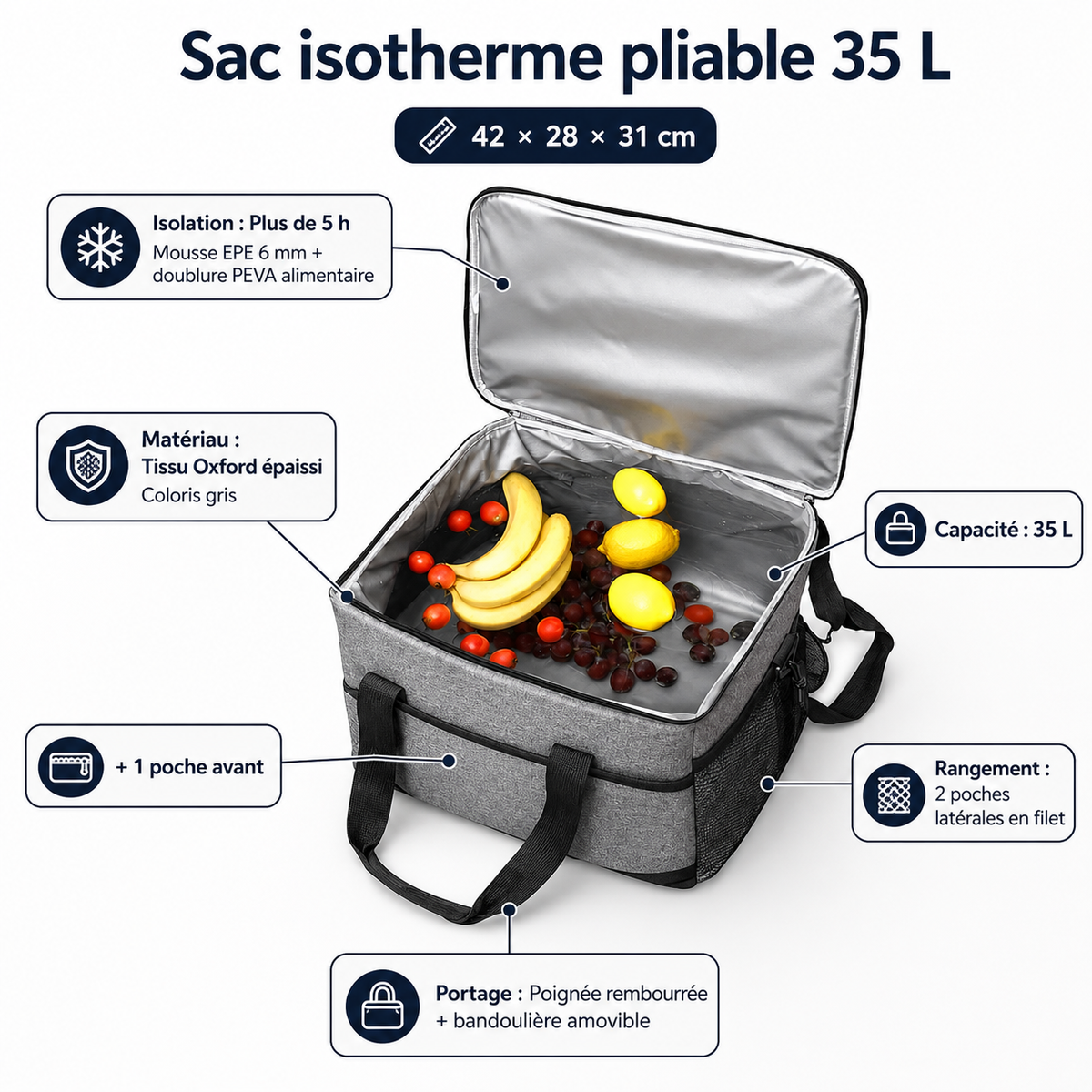 Caractéristiques du sac isotherme pliable Tentwave 35 L