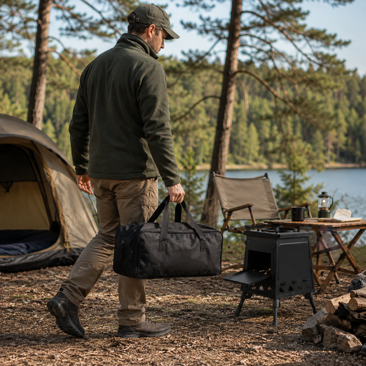 Campeur transportant le poêle à bois portable Tentwave au bord d'un lac