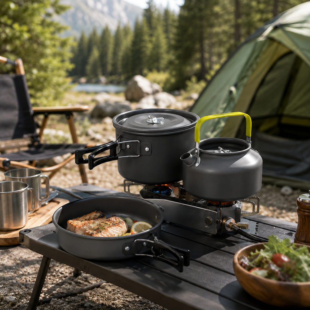 Ensemble de cuisine de camping Tentwave sur une table de bivouac en forêt