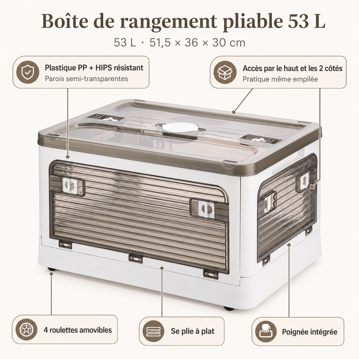 Dimensions de la boîte de rangement pliable Tentwave 53 L