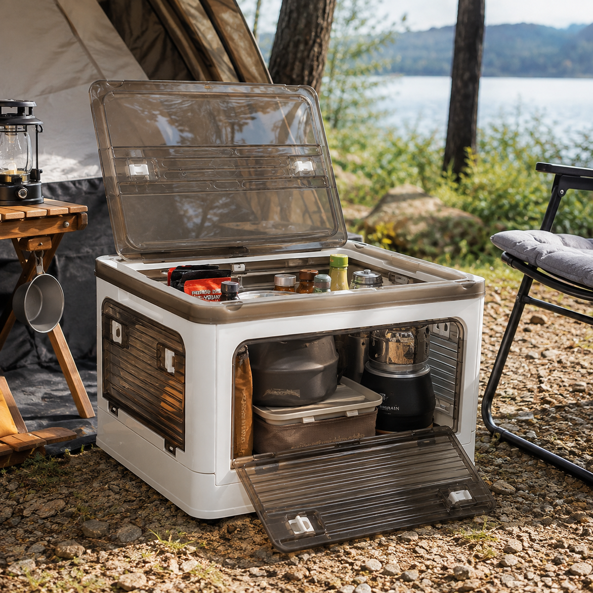 Boîte de rangement pliable Tentwave dans le coffre d'un véhicule de camping