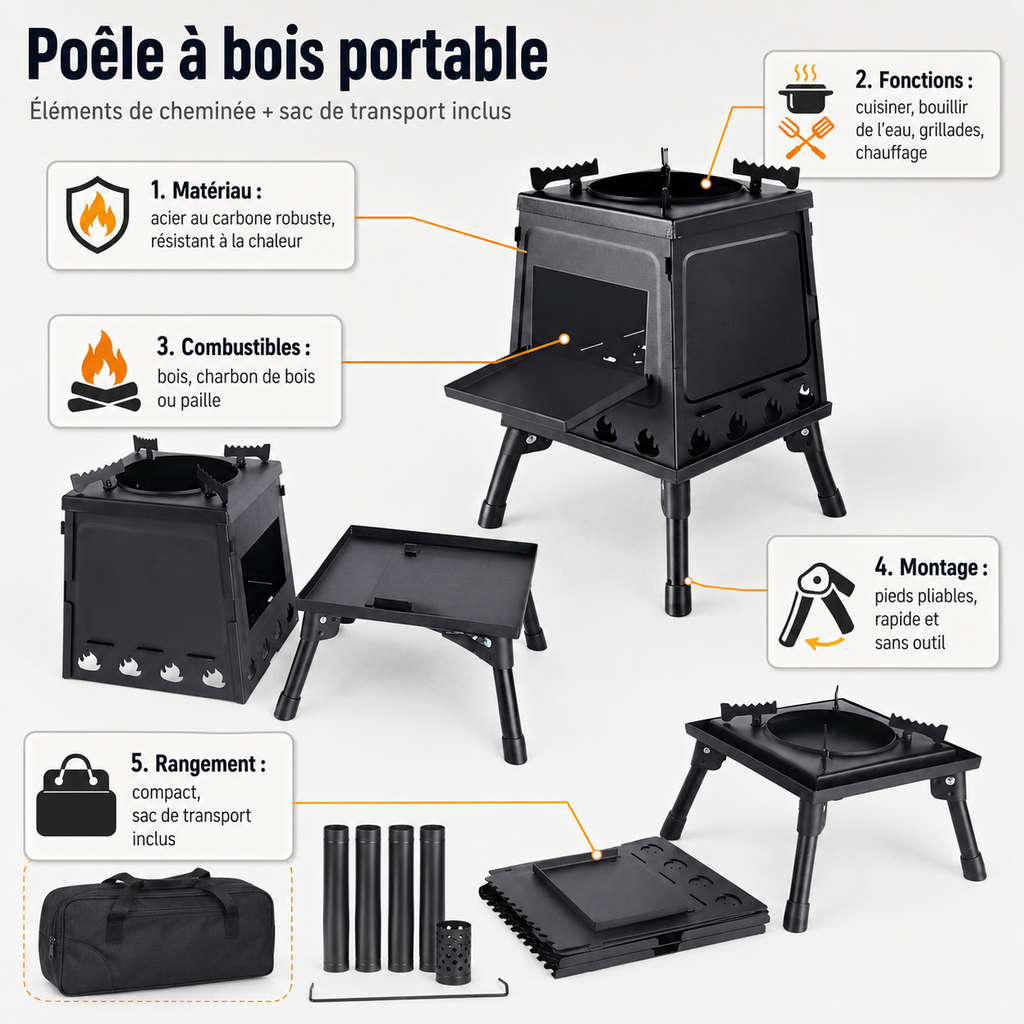 Fiche détaillée du poêle à bois portable Tentwave : éléments et rangement
