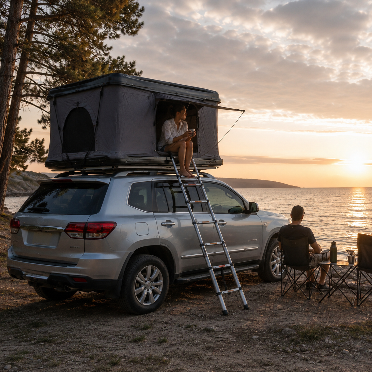 Tente de toit rigide Tentwave Horizon sur un SUV au bord d'un lac au crépuscule