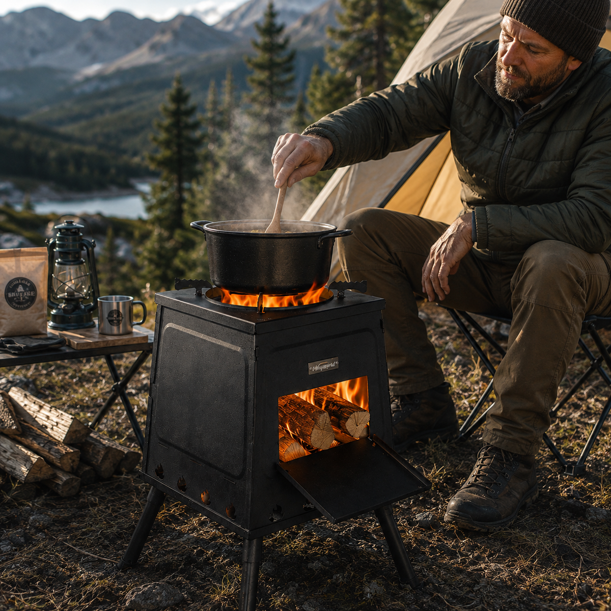 Homme cuisinant sur le poêle à bois portable Tentwave au bivouac