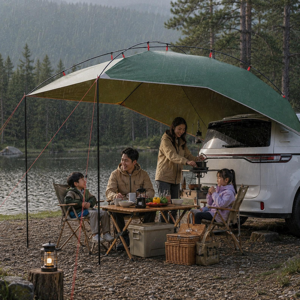 Auvent de voiture Tentwave déployé à côté d'un SUV avec chaises de camping