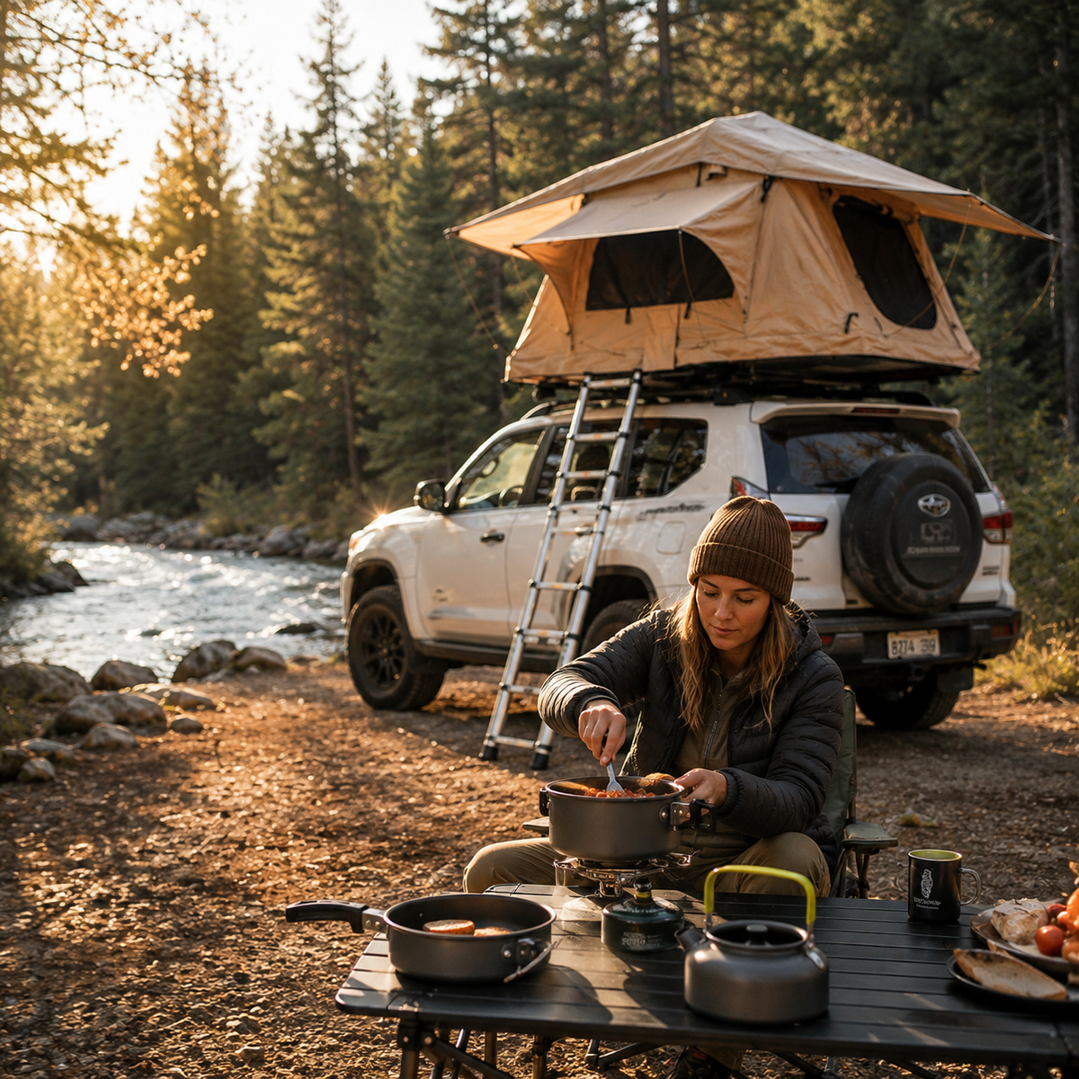 Repas au bivouac avec le kit de cuisine Tentwave près d'une tente de toit