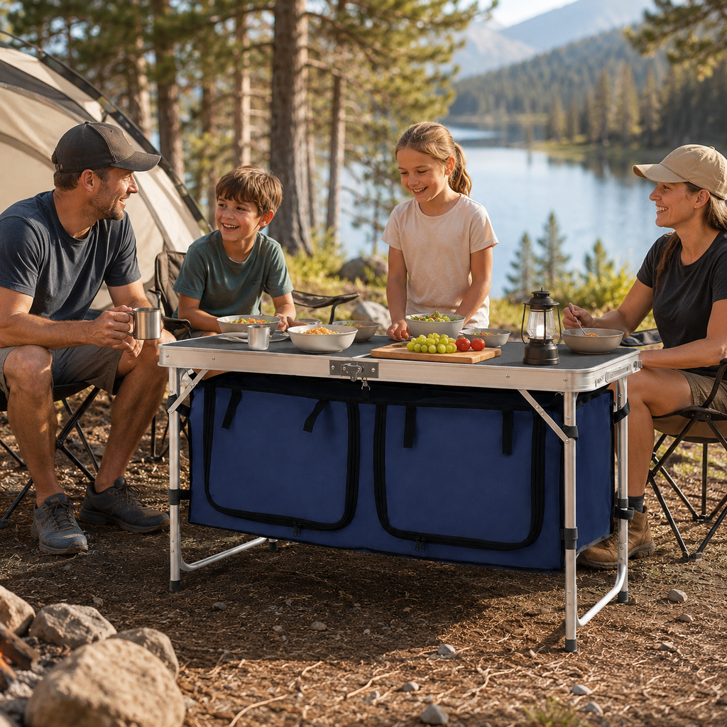Amis autour de la table de camping pliable Tentwave au bord d'un lac