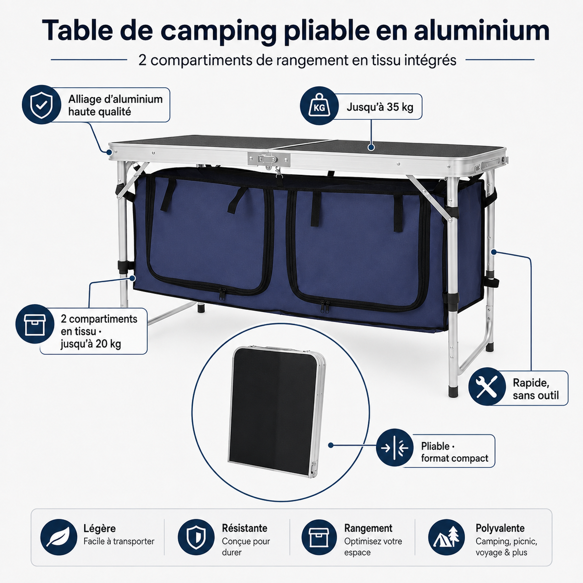 Dimensions et caractéristiques de la table de camping pliable Tentwave