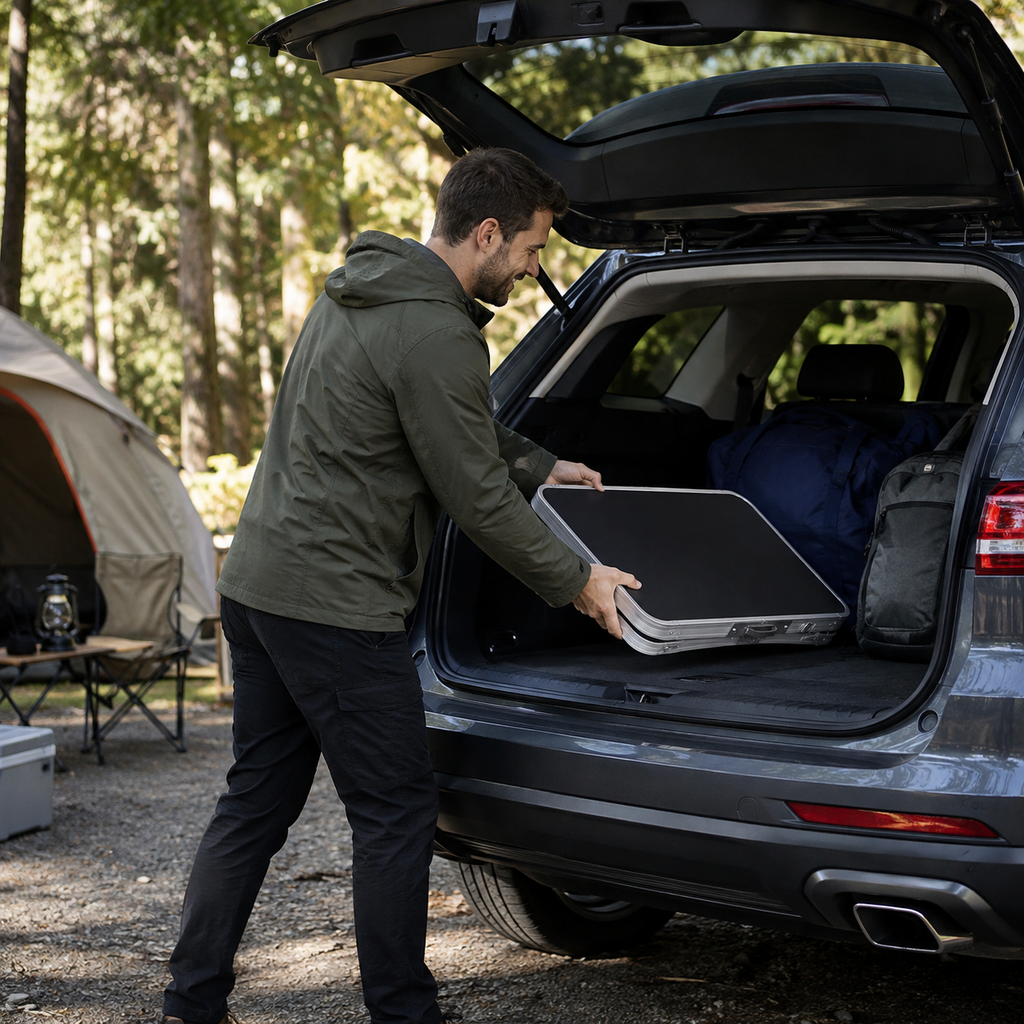 Table de camping pliable Tentwave repliée et chargée dans le coffre d'une voiture