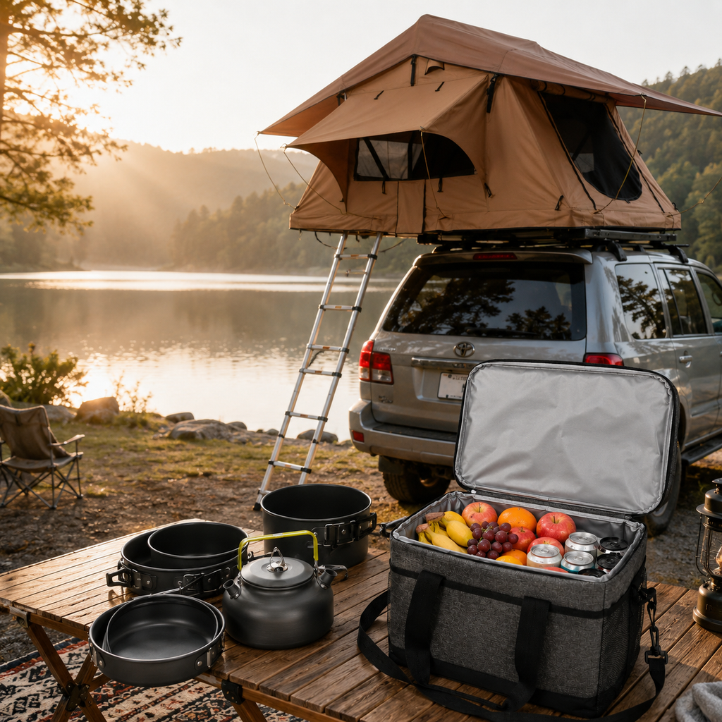Bivouac au bord d'un lac avec la tente de toit Tentwave Atlas L ouverte sur un SUV