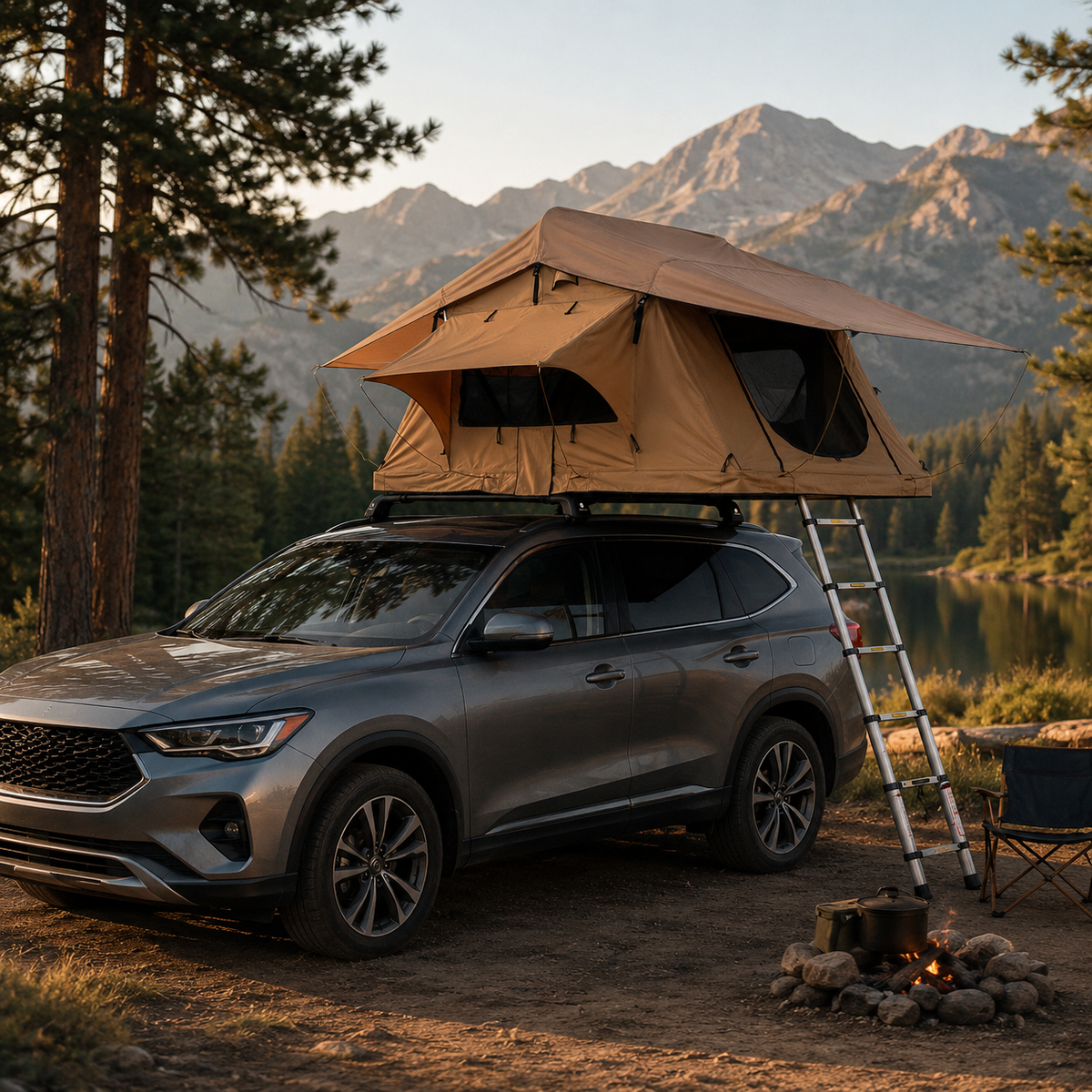 SUV avec tente de toit installée sur les barres de toit universelles Tentwave